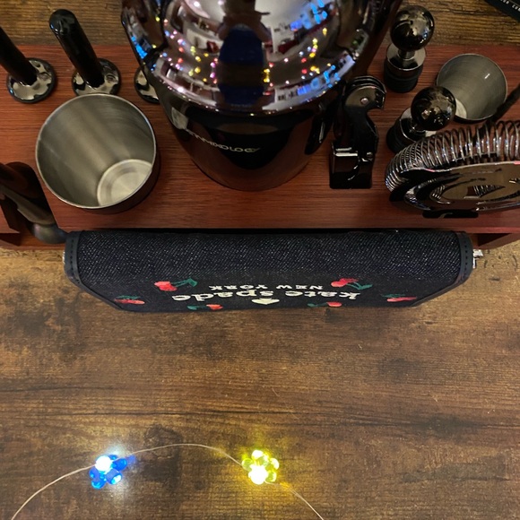 Kate Spade NWT blue multi colored embroidered denim cherry long wallet $135 - Picture 2 of 11